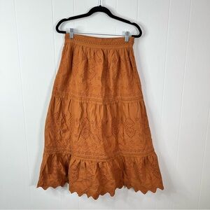 Jason Wu Eyelet Tiered Midi Skirt Terra Brown Cotta Size Small Festival Boho